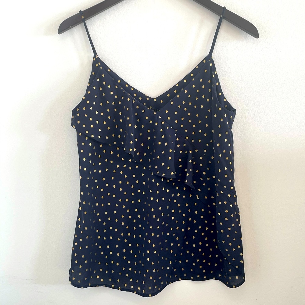 Zara Basic Navy and Gold Polka Dot Ruffle Tank | S